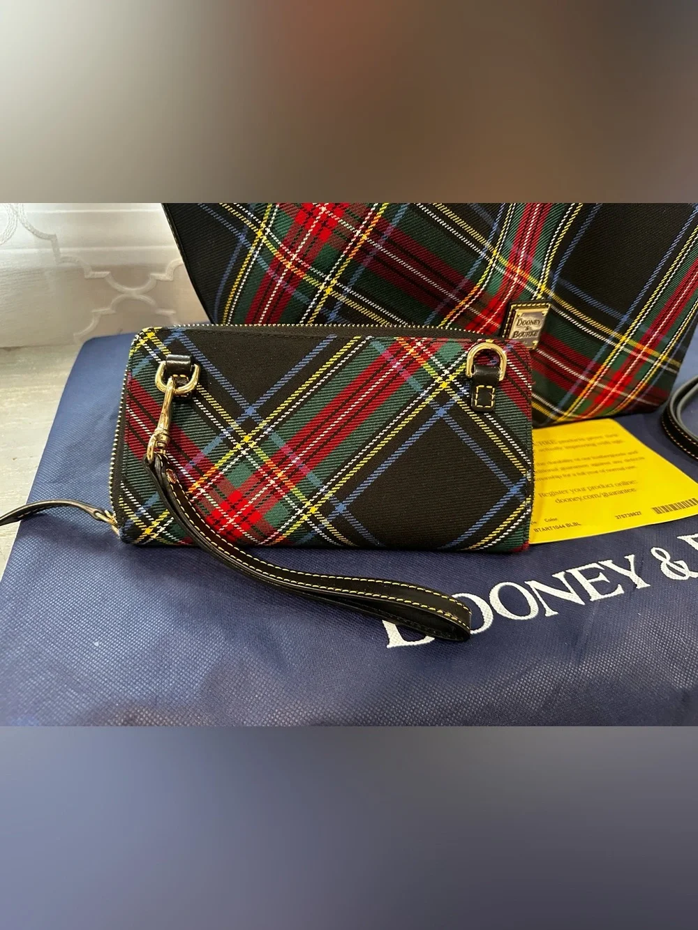 Dooney & Bourke Black Tartan Flynn Tote & Matching Wallet Set - Gently Used